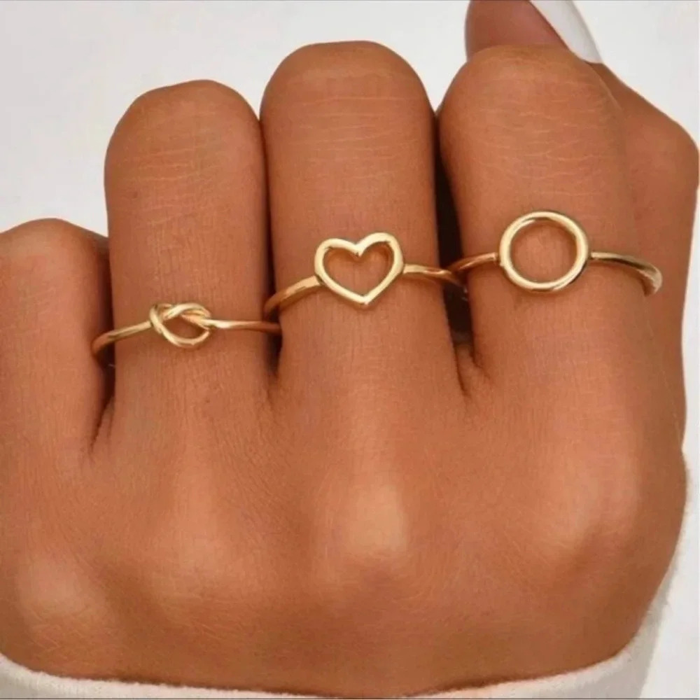 3 piece Gold Trendy Knot Circle & Heart Ring Set
